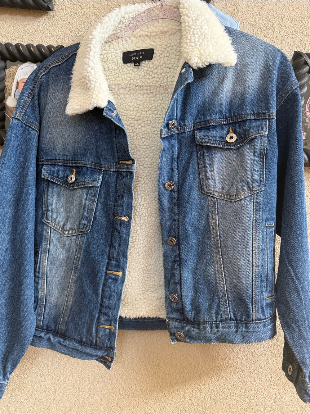 Love Tree Blue Denim Jacket with White Sherpa Collar